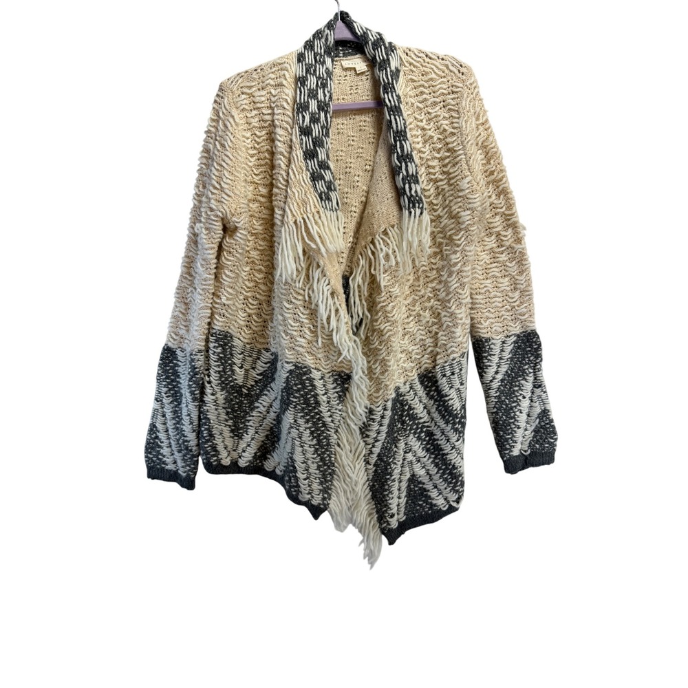 Lovestitch Women Large Wool Blend Fringe Open Front Cardigan Sweater Grey Cream